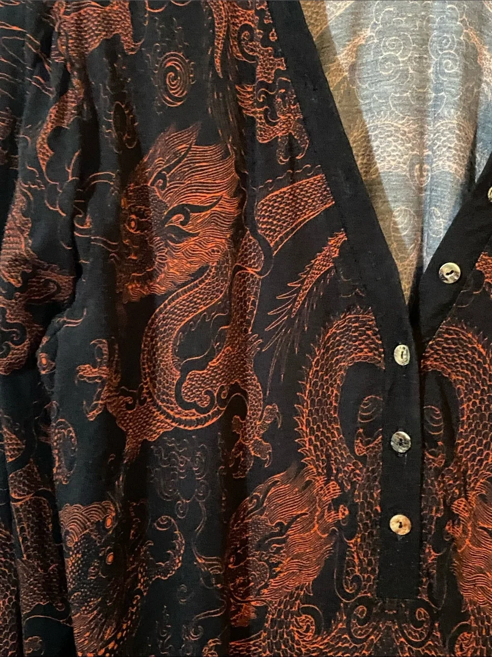 Johnny Was Black with Rust Dragon Print V-Neck Button Long Sleeve Top - Picture 2 of 7